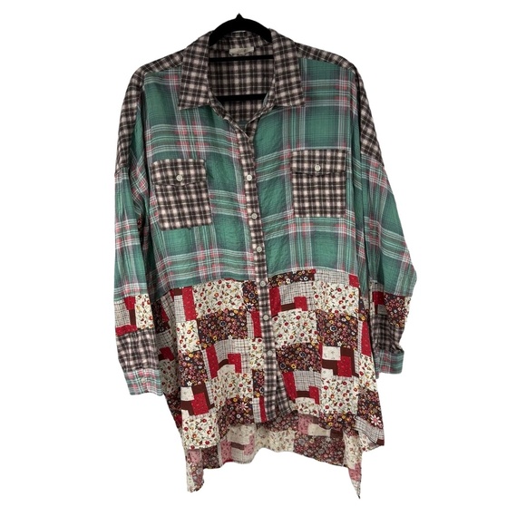 easel Tops - Easel Patchwork Oversized Floral Mixed Print Boho Button‎ Up Top Womens Large